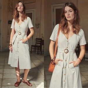 Sezane Marianne Blue Ecru Cotton Striped Belted Midi Dress Size 40 - NWOT